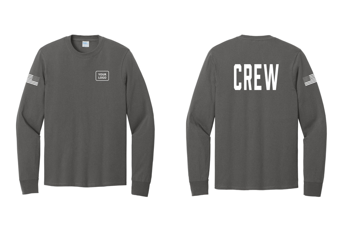 NYC Factory Custom Work Crew Uniform Cotton Long Sleeve Tee with Your Logo (Classic) - Your Logo + Back + US Flag Sleeve - Charcoal