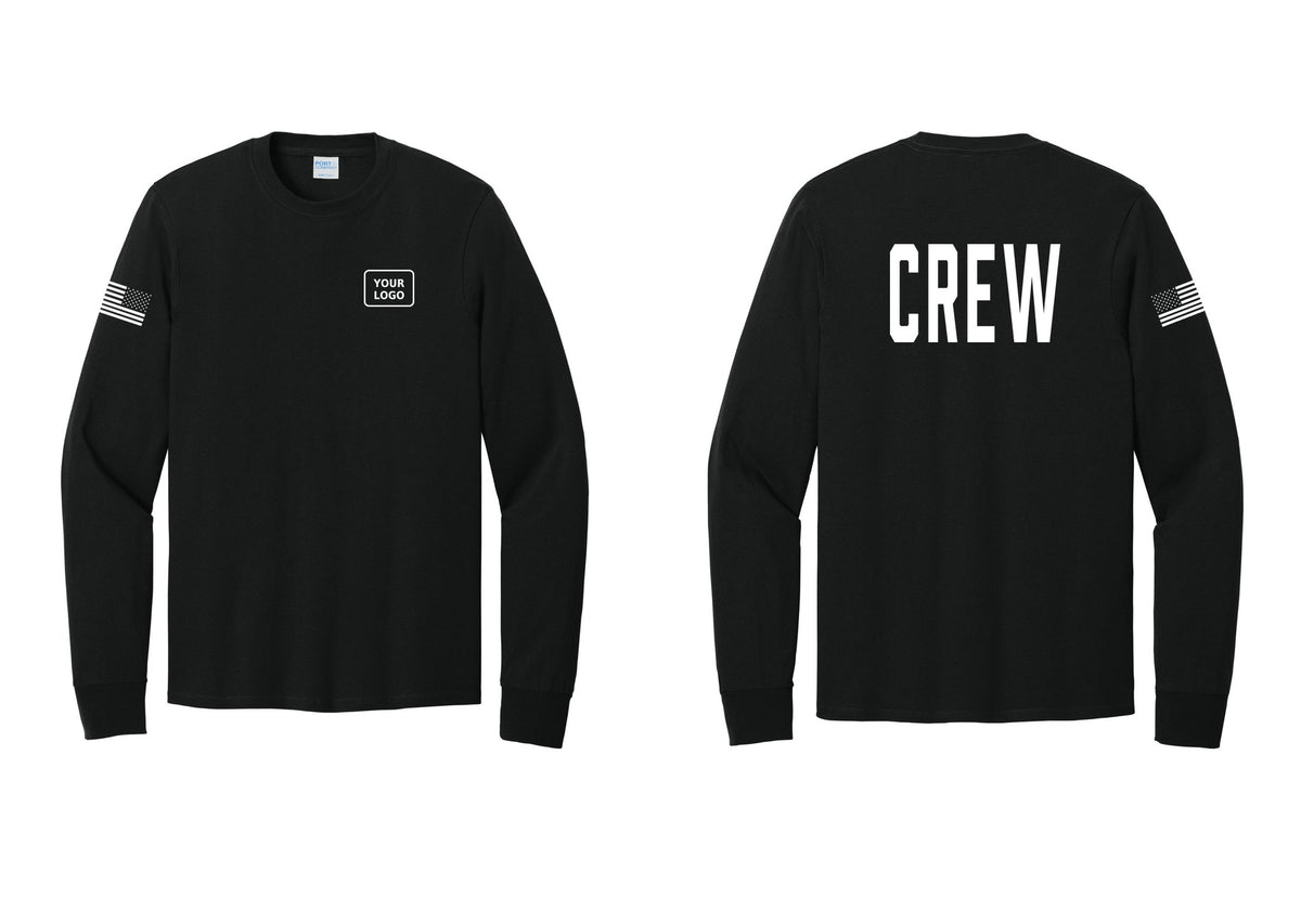 NYC Factory Custom Work Crew Uniform Cotton Long Sleeve Tee with Your Logo (Classic) - Your Logo + Back + US Flag Sleeve - Black