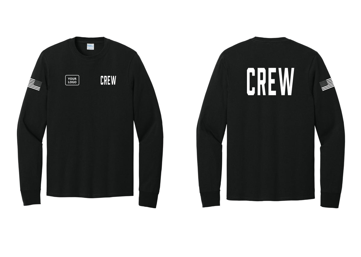 NYC Factory Custom Work Crew Uniform Cotton Long Sleeve Tee with Your Logo (Classic) - CREW + Your Logo + Back + US Flag Sleeve - Black