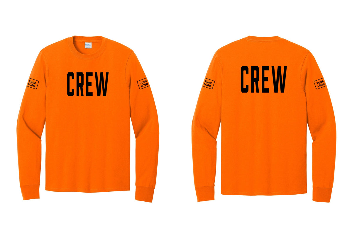 NYC Factory Custom Work Crew Uniform Cotton Long Sleeve Tee with Your Logo (Classic) - Front + Back + Your Logo Sleeves - Safety Orange