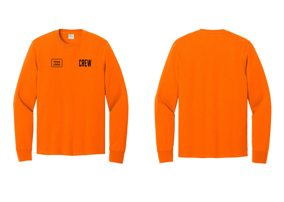 NYC Factory Custom Work Crew Uniform Cotton Long Sleeve Tee with Your Logo (Classic) - CREW + Your Logo - Safety Orange