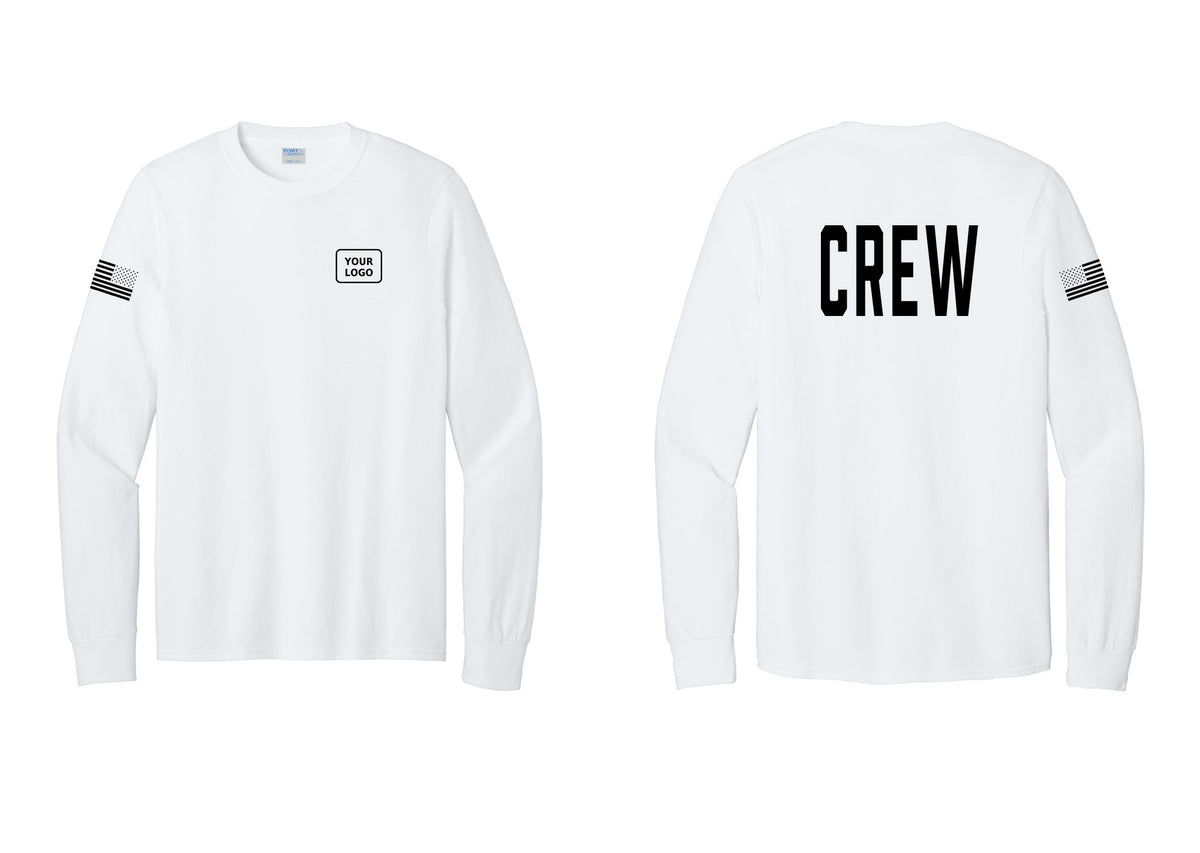 NYC Factory Custom Work Crew Uniform Cotton Long Sleeve Tee with Your Logo (Classic) - Your Logo + Back + US Flag Sleeve - White