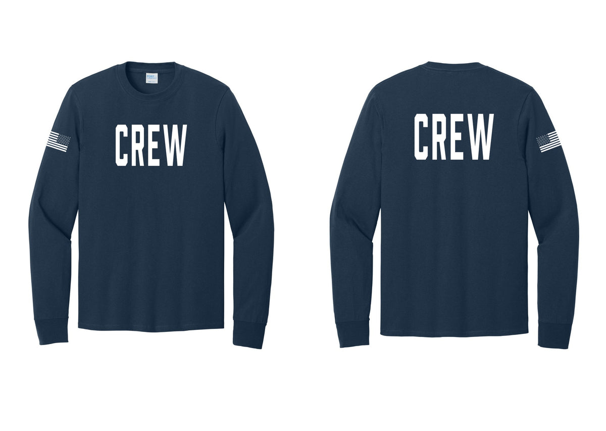 NYC Factory Crew Cotton Long Sleeve T-Shirt for Event Staff & Production Teams (Classic) - Front + Back + US Flag Sleeve - Navy