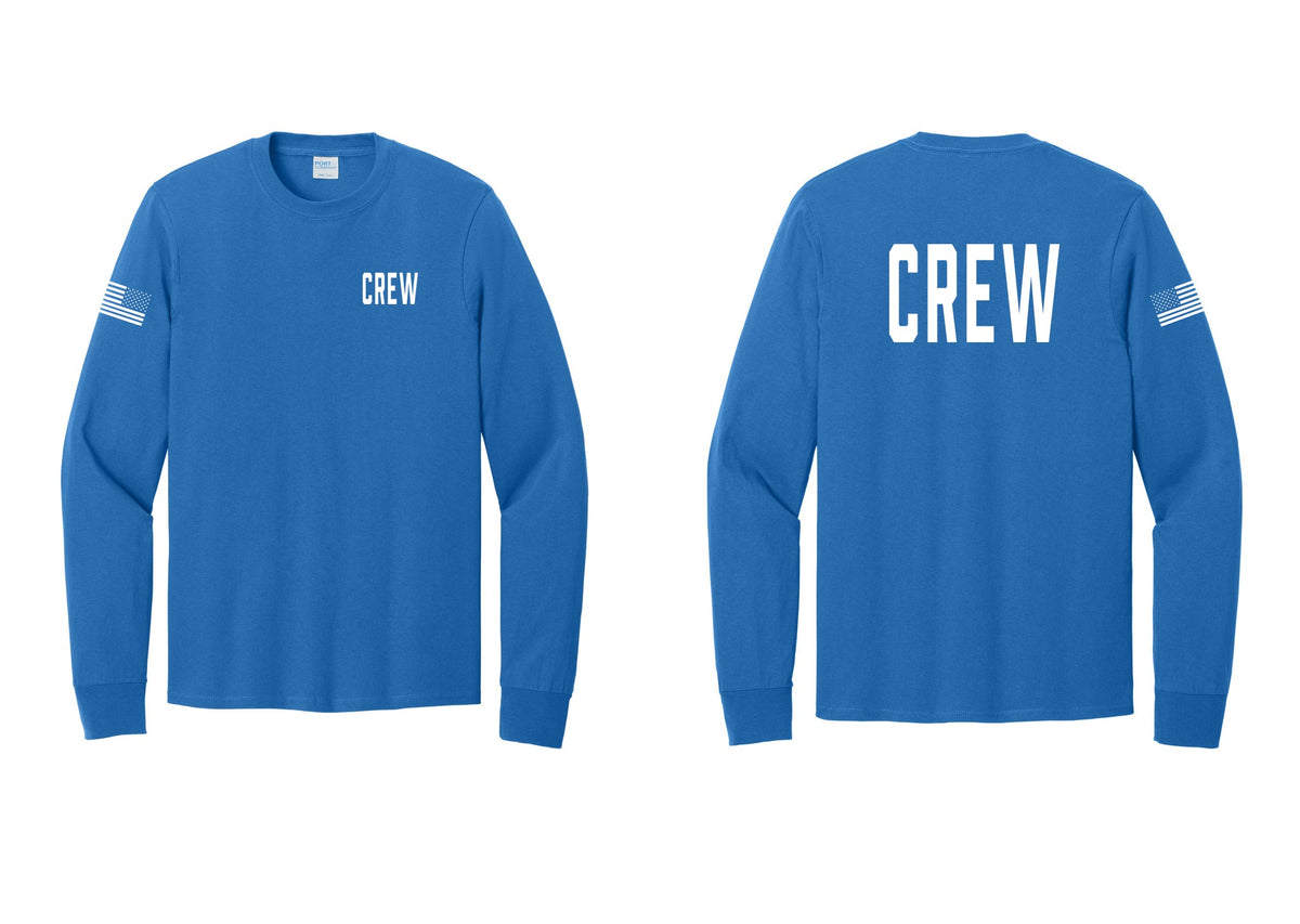 NYC Factory Crew Cotton Long Sleeve T-Shirt for Event Staff & Production Teams (Classic) - Chest + Back + US Flag Sleeve - Royal