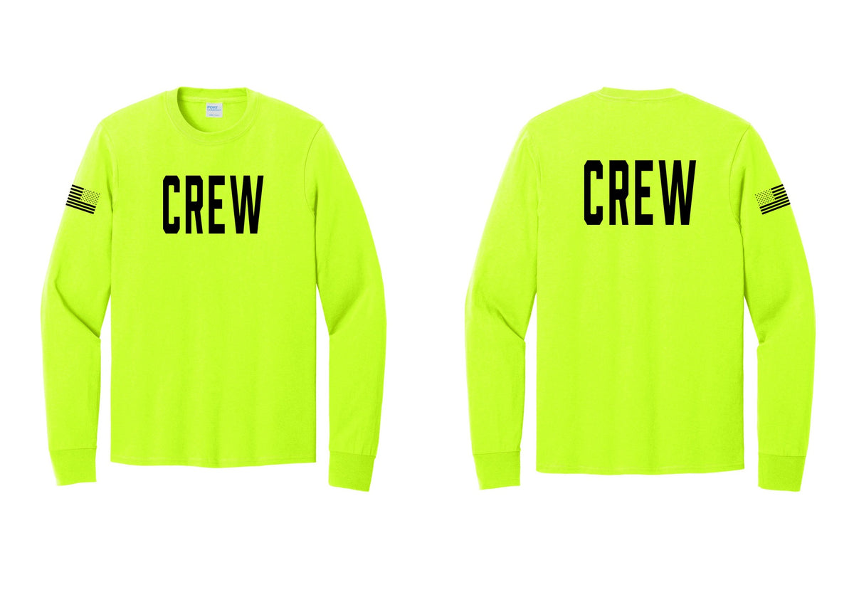 NYC Factory Crew Cotton Long Sleeve T-Shirt for Event Staff & Production Teams (Classic) - Front + Back + US Flag Sleeve - Safety Green