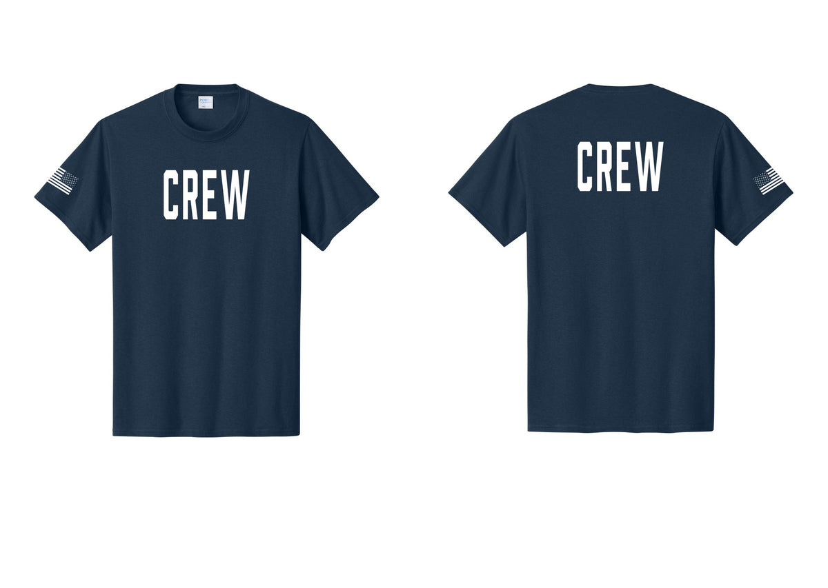 NYC Factory Crew T-Shirt, Condensed Lettering - Front + Back + US Flag Sleeve - Navy