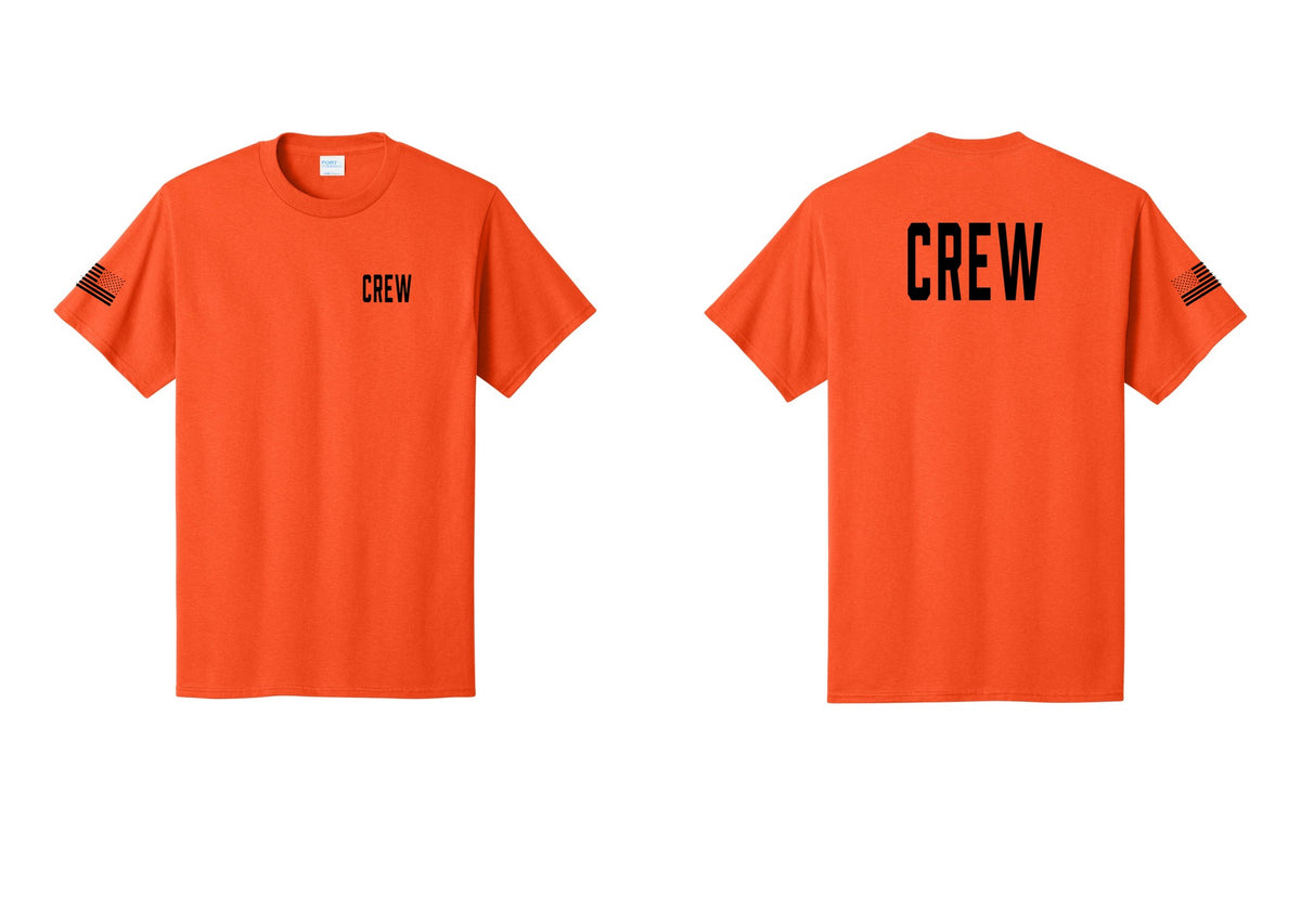 NYC Factory Crew T-Shirt, Condensed Lettering - Chest + Back + US Flag Sleeve - Orange