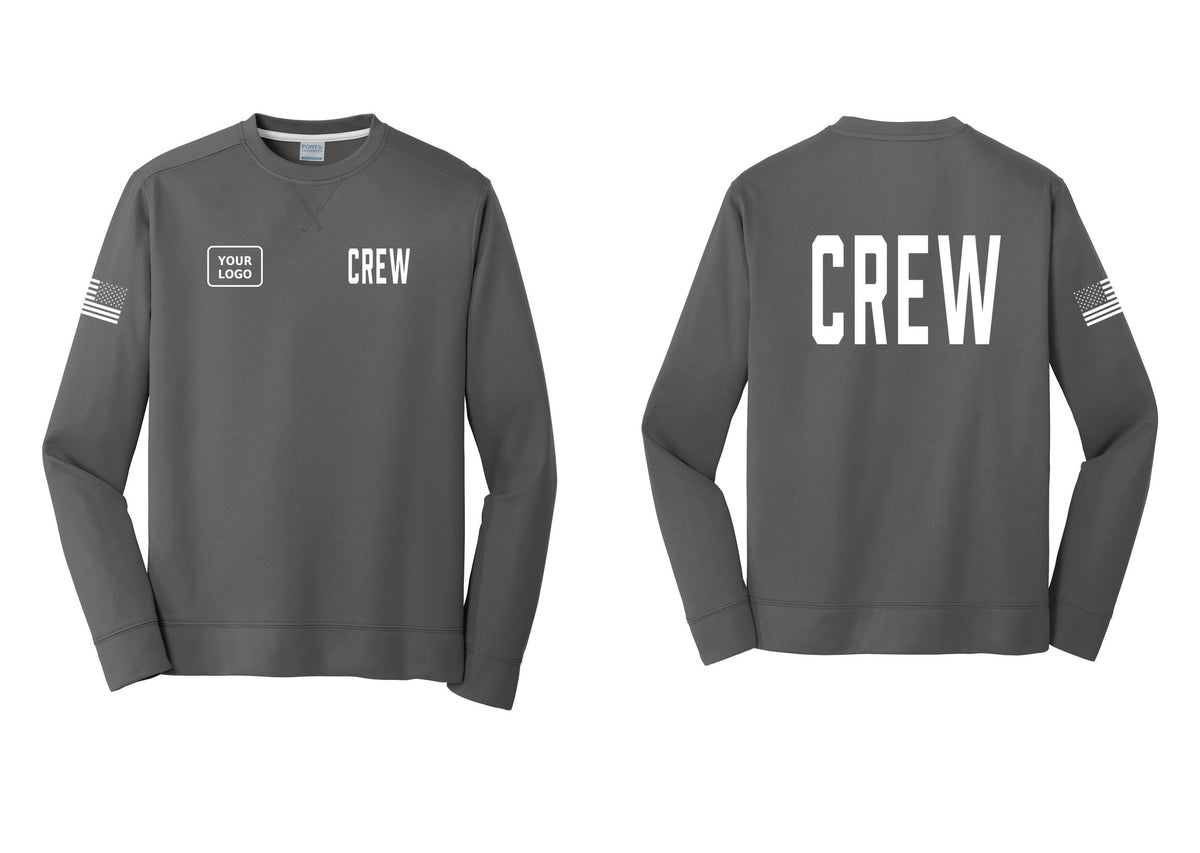 NYC Factory Custom Work Crew Uniform Performance Fleece Crewneck Sweatshirt with Your Logo (Classic) - CREW + Your Logo + Back + US Flag Sleeve - Charcoal