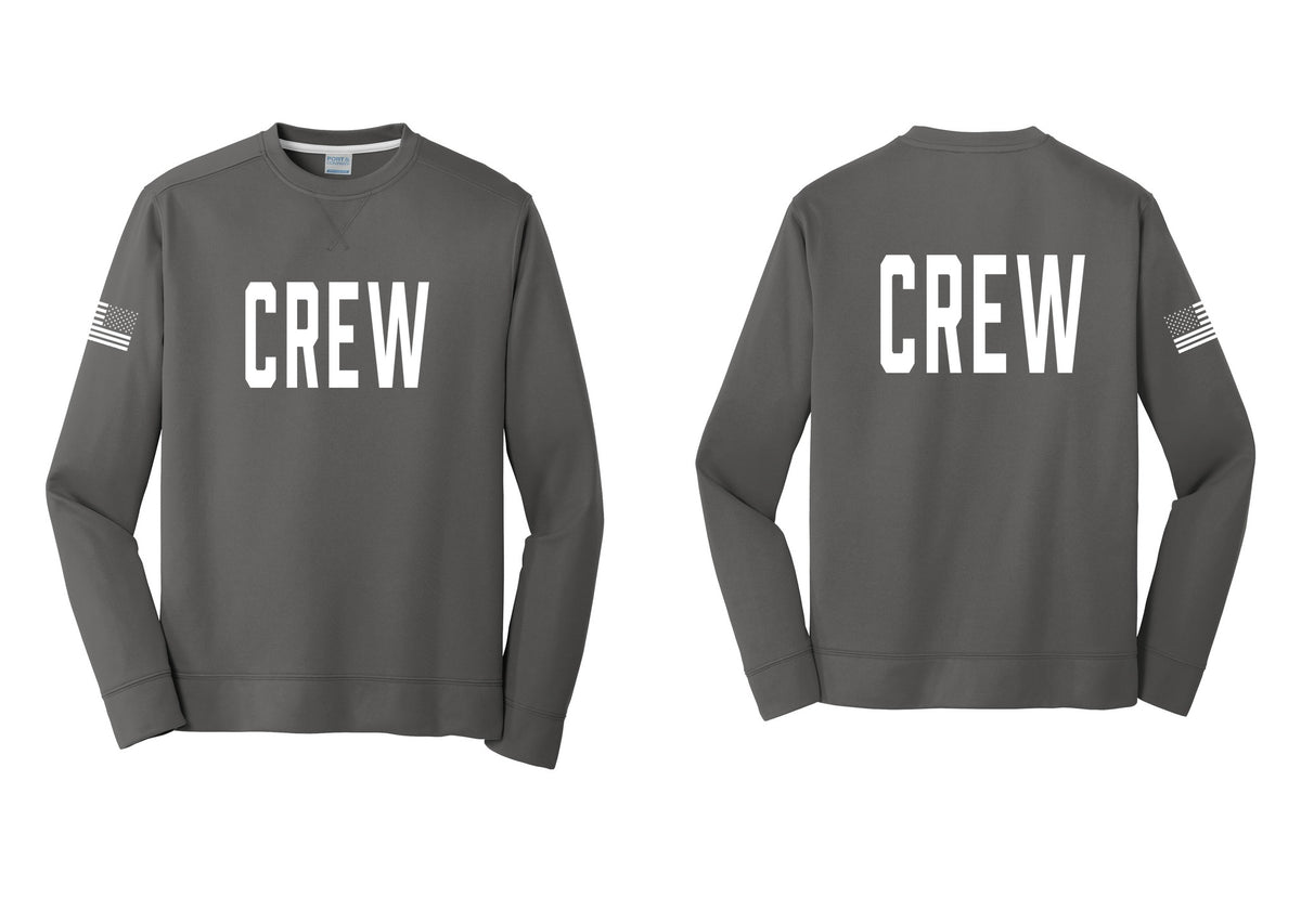 NYC Factory Crew Performance Fleece Crewneck Sweatshirt for Event Staff & Production Teams (Classic) - Front + Back + US Flag Sleeve - Charcoal