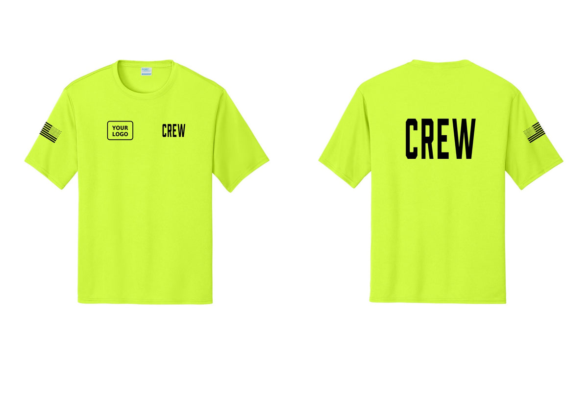 NYC Factory Custom Work Crew Uniform Performance Tee with Your Logo (Classic) - CREW + Your Logo + Back + US Flag Sleeve - Neon Yellow