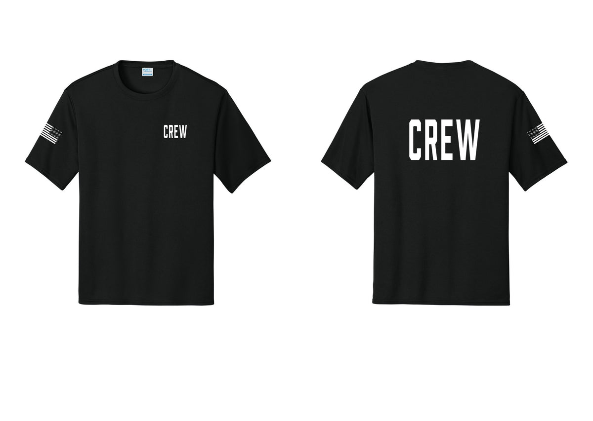 NYC Factory Crew Performance T-Shirt for Event Staff & Production Teams (Classic) - Chest + Back + US Flag Sleeve - Black