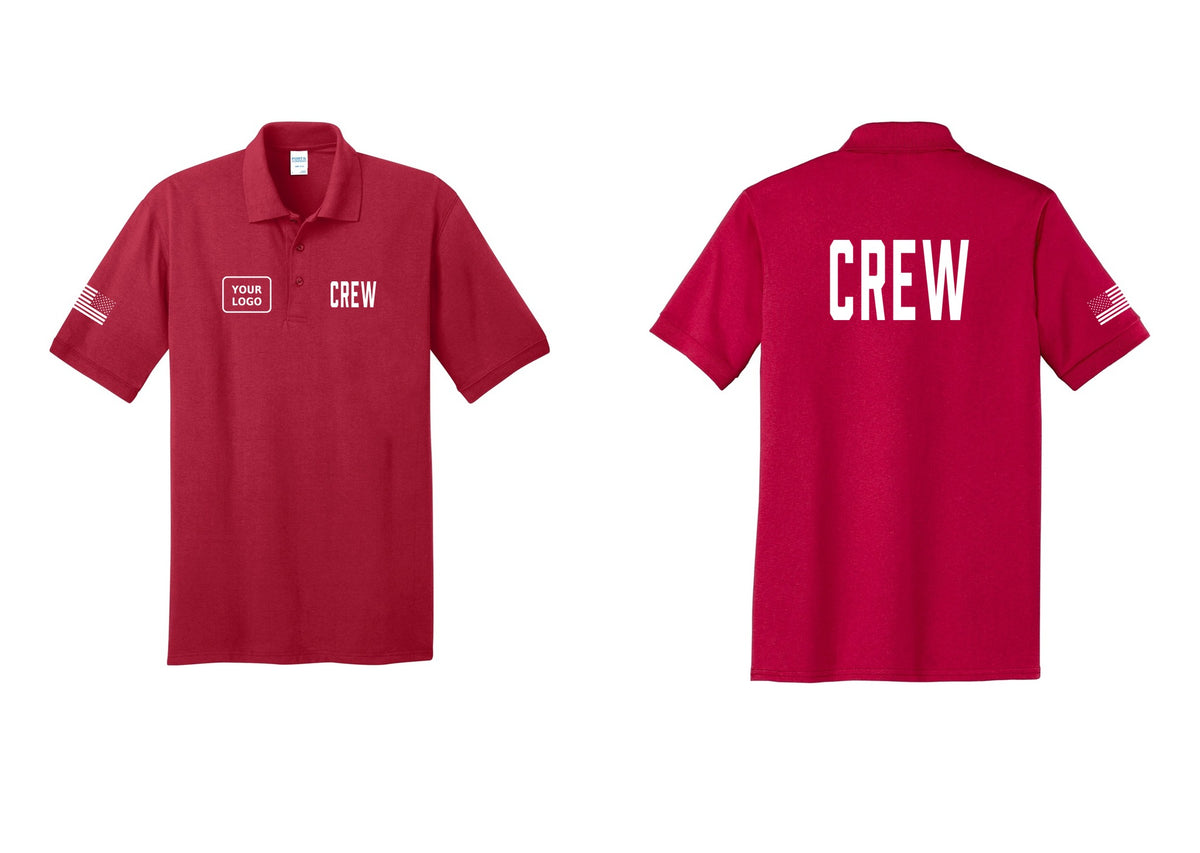 NYC Factory Custom Work Crew Uniform Polo Shirt with Your Logo (Classic) - CREW + Your Logo + Back + US Flag Sleeve - Red