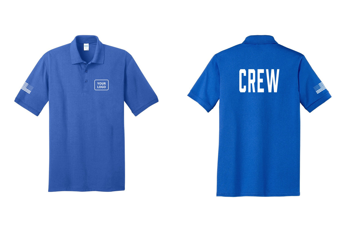 NYC Factory Custom Work Crew Uniform Polo Shirt with Your Logo (Classic) - Your Logo + Back + US Flag Sleeve - Royal