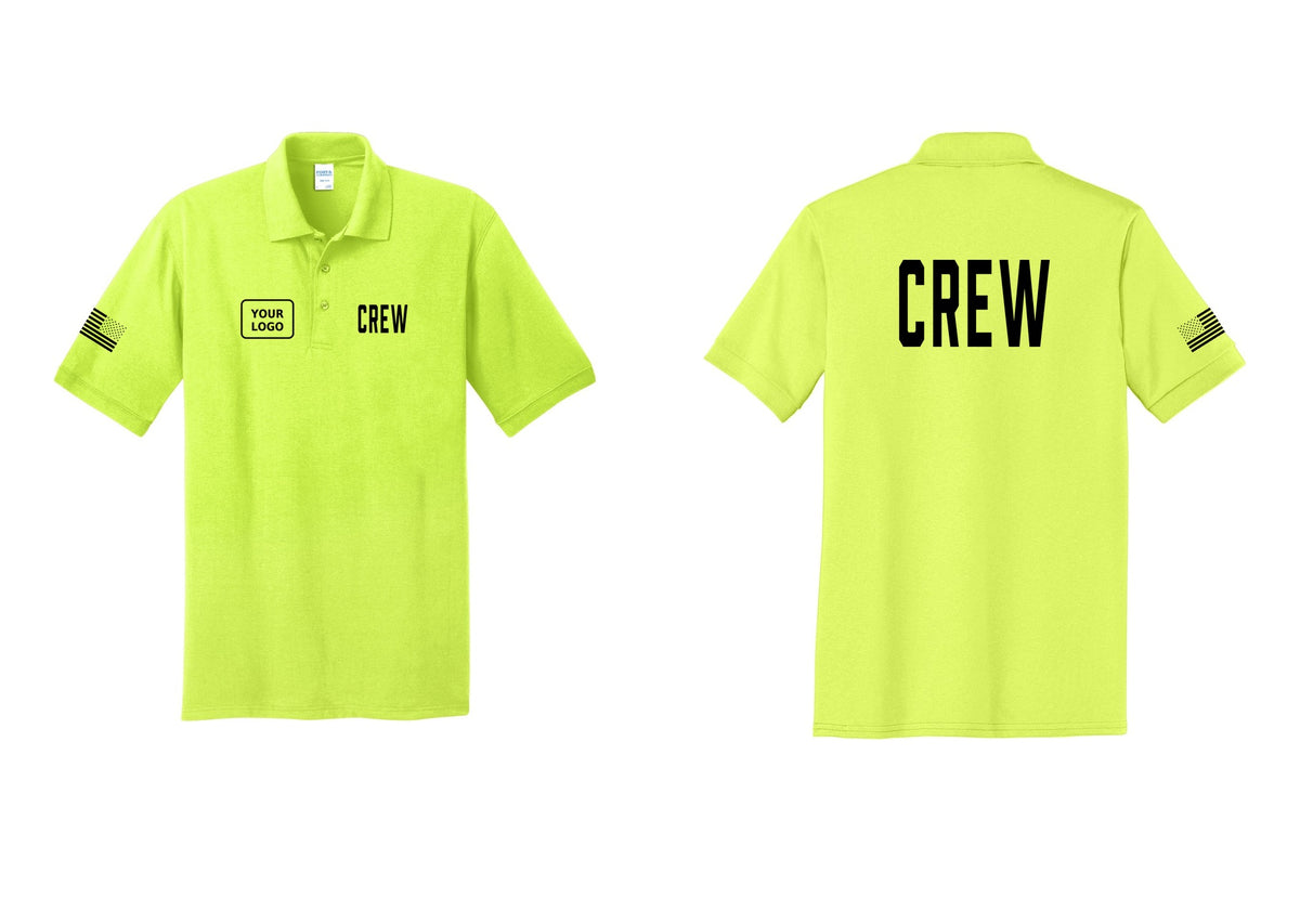 NYC Factory Custom Work Crew Uniform Polo Shirt with Your Logo (Classic) - CREW + Your Logo + Back + US Flag Sleeve - Safety Green