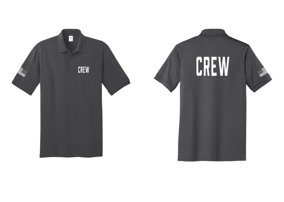 NYC Factory Crew Polo Shirt for Event Staff & Production Teams (Classic) - Chest + Back + US Flag Sleeve - Charcoal