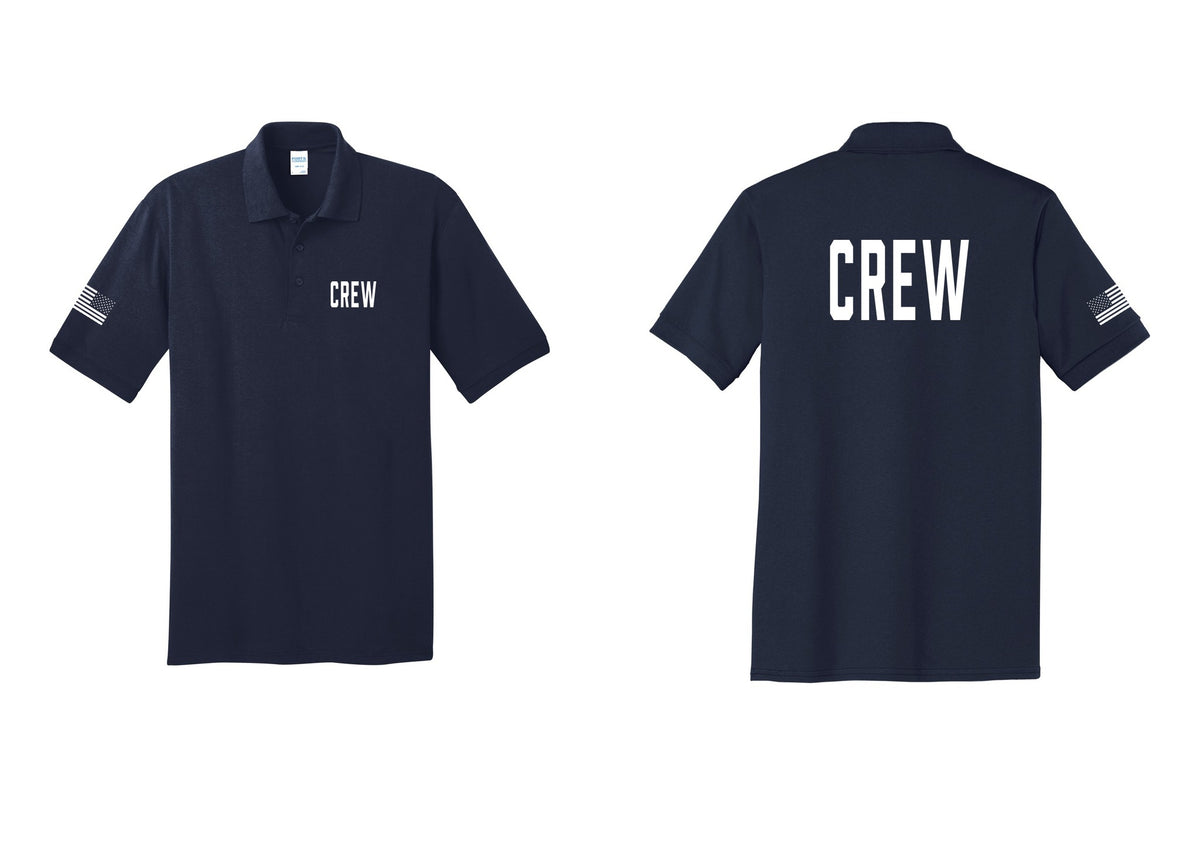 NYC Factory Crew Polo Shirt for Event Staff & Production Teams (Classic) - Chest + Back + US Flag Sleeve - Navy