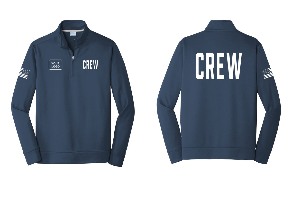NYC Factory Custom Work Crew Uniform Performance Fleece 1/4-Zip Pullover Sweatshirt with Your Logo (Classic) - CREW + Your Logo + Back + US Flag Sleeve - Navy