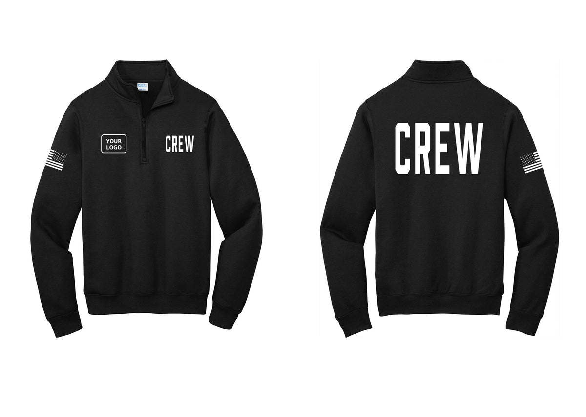 NYC Factory Custom Work Crew Uniform Cotton Fleece 1/4-Zip Pullover Sweatshirt with Your Logo (Classic) - CREW + Your Logo + Back + US Flag Sleeve - Black