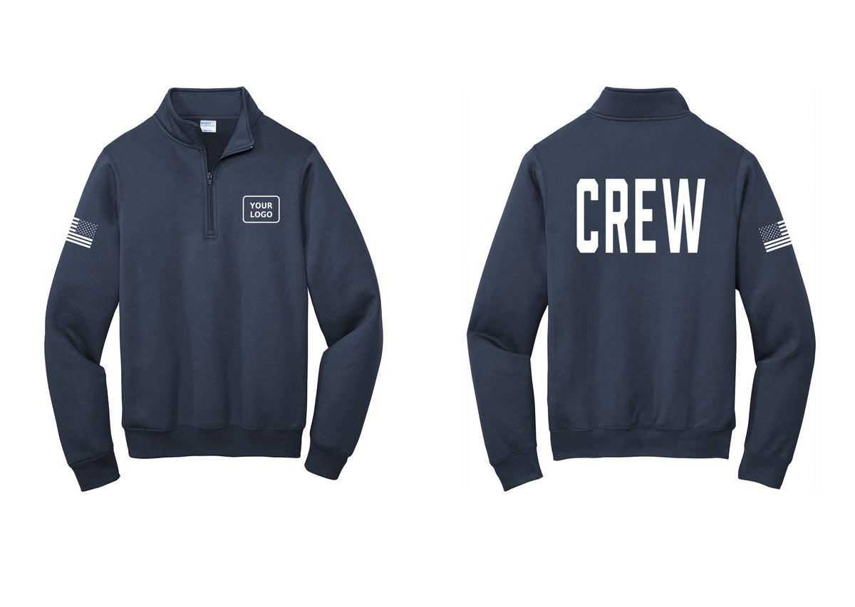 NYC Factory Custom Work Crew Uniform Cotton Fleece 1/4-Zip Pullover Sweatshirt with Your Logo (Classic) - Your Logo + Back + US Flag Sleeve - Navy