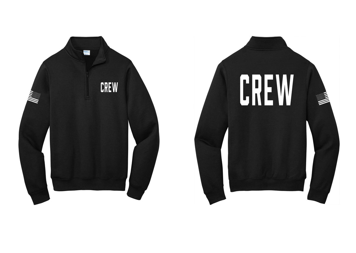 NYC Factory Crew Cotton Fleece 1/4-Zip Pullover Sweatshirt for Event Staff & Production Teams (Classic) - Chest + Back + US Flag Sleeve - Black