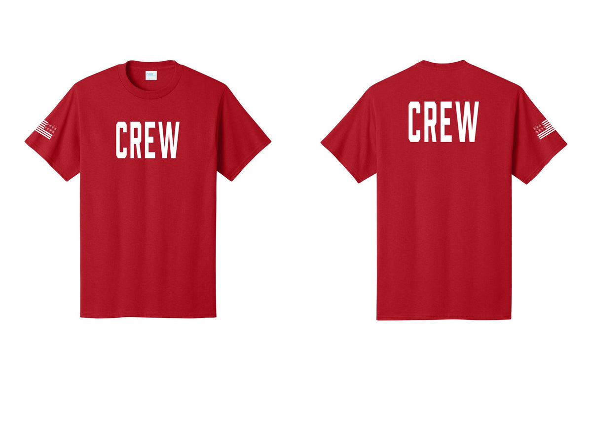 NYC Factory Crew T-Shirt for Event Staff & Production Teams (Classic) - Front + Back + US Flag Sleeve - Red