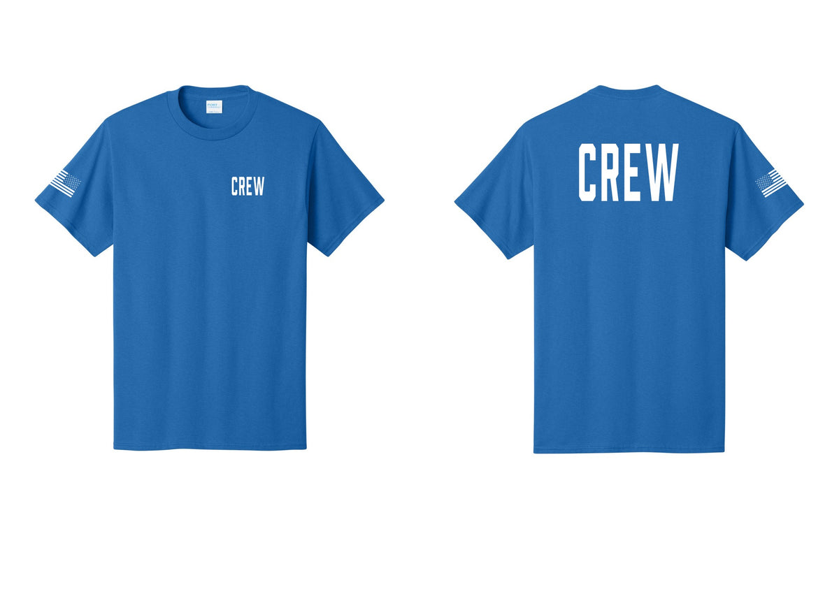 NYC Factory Crew T-Shirt for Event Staff & Production Teams (Classic) - Chest + Back + US Flag Sleeve - Royal