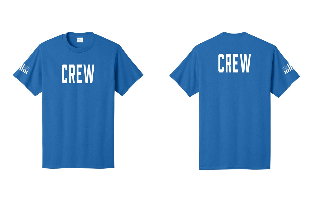 NYC Factory Crew T-Shirt, Condensed Lettering - Front + Back + US Flag Sleeve - Royal