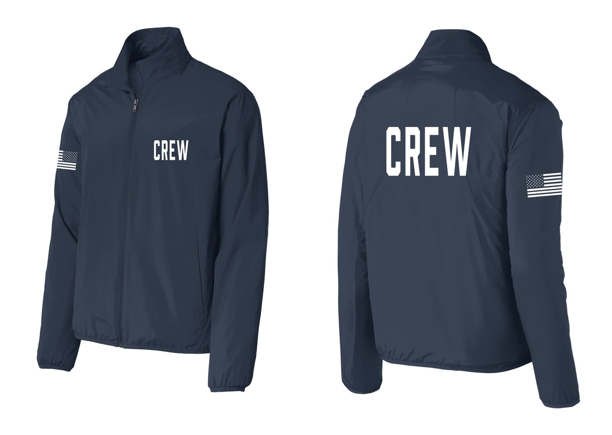 NYC Factory Crew Windbreaker Full-Zip Jacket for Event Staff & Production Teams (Classic) - Chest + Back + US Flag Sleeve - Dress Blue Navy