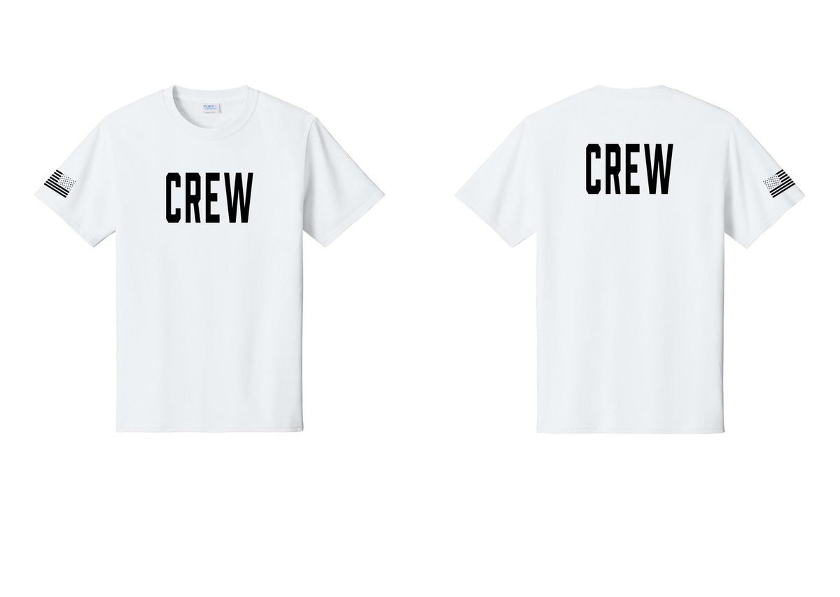 NYC Factory Crew T-Shirt, Condensed Lettering - Front + Back + US Flag Sleeve - White