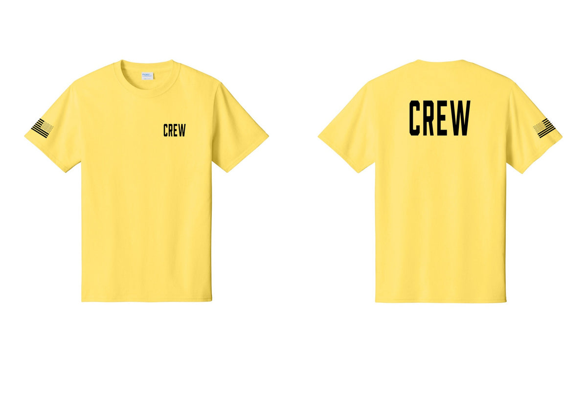 NYC Factory Crew T-Shirt, Condensed Lettering - Chest + Back + US Flag Sleeve - Yellow