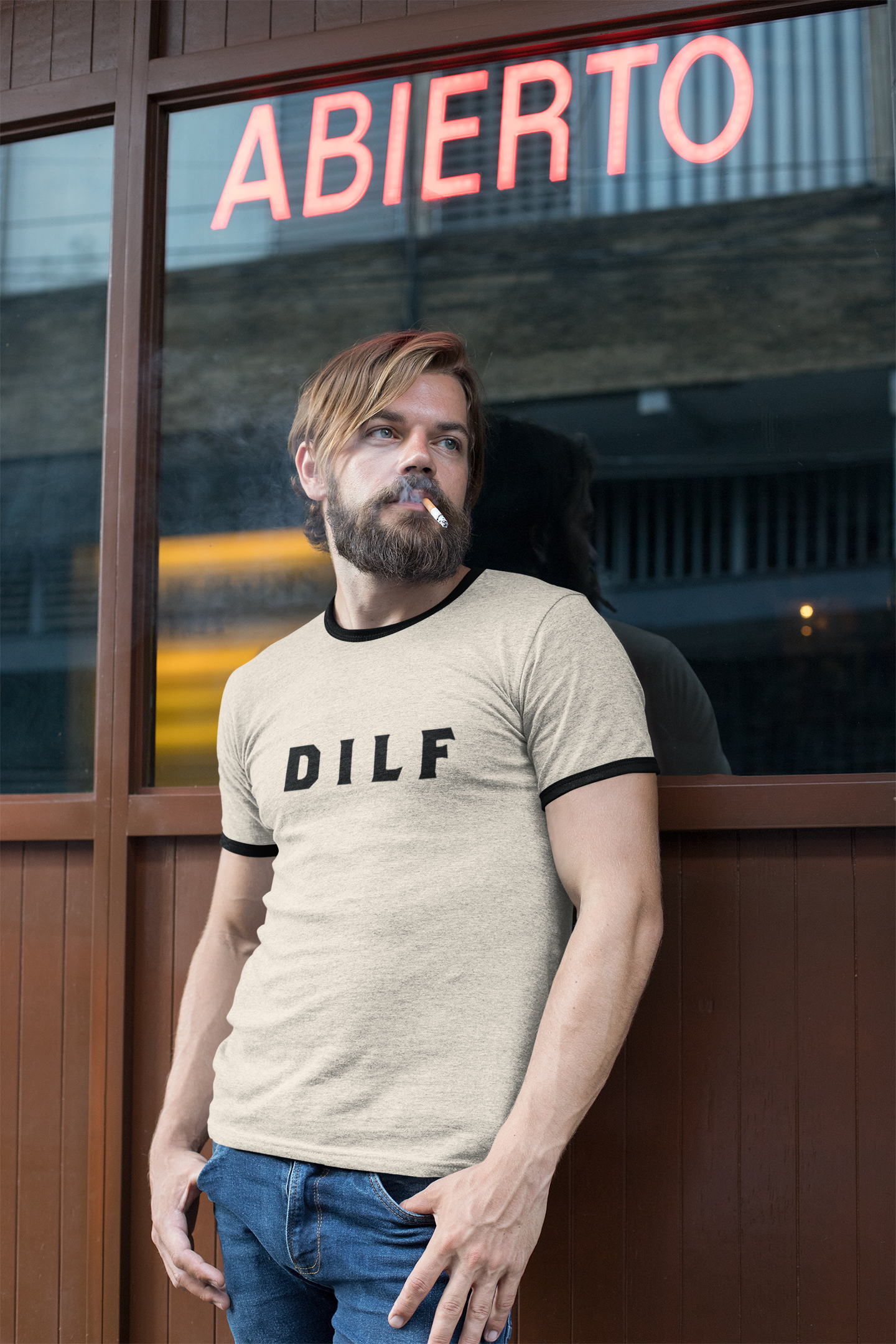 Men's DILF Ringer Dad Tee T-Shirt (Natural/Black)