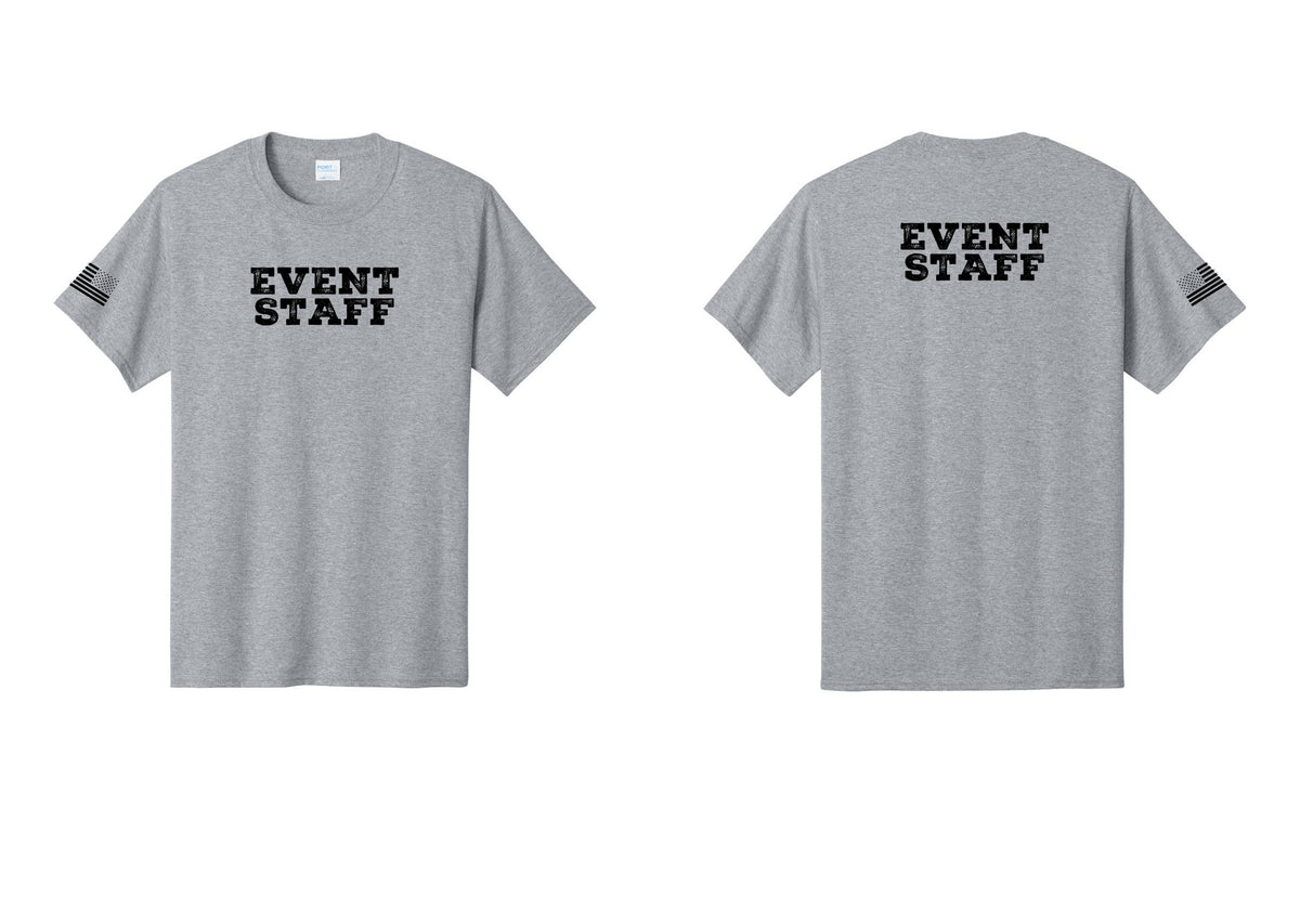 NYC Factory Event Staff T-Shirt - Front + Back + US Flag Sleeve - Athletic Heather
