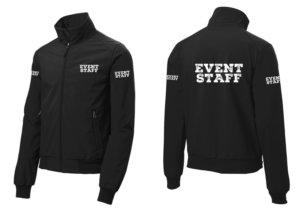 NYC Factory Event Staff Soft Shell Bomber Jacket (Rustic) - Chest + Back + Event Staff Sleeves - Black