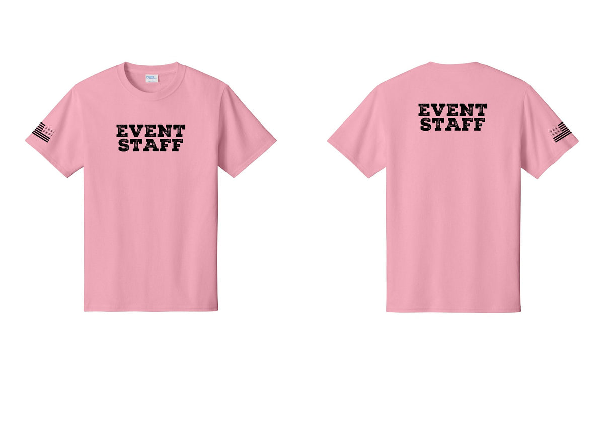 NYC Factory Event Staff T-Shirt - Front + Back + US Flag Sleeve - Candy Pink