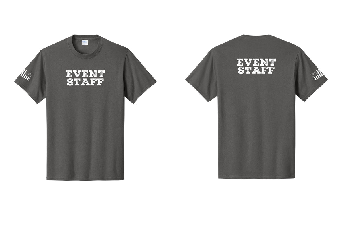 NYC Factory Event Staff T-Shirt - Front + Back + US Flag Sleeve - Charcoal
