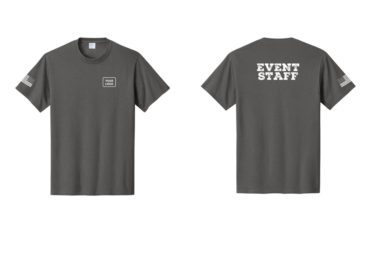 NYC Factory Custom Logo Event Staff T-Shirt - Your Logo + Back + US Flag Sleeve - Charcoal