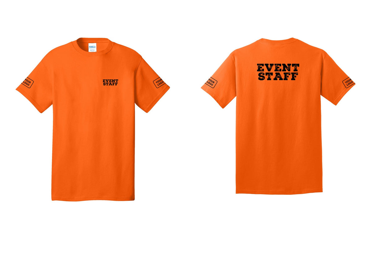 NYC Factory Custom Logo Event Staff T-Shirt - Chest + Back + Your Logo Sleeves - Safety Orange