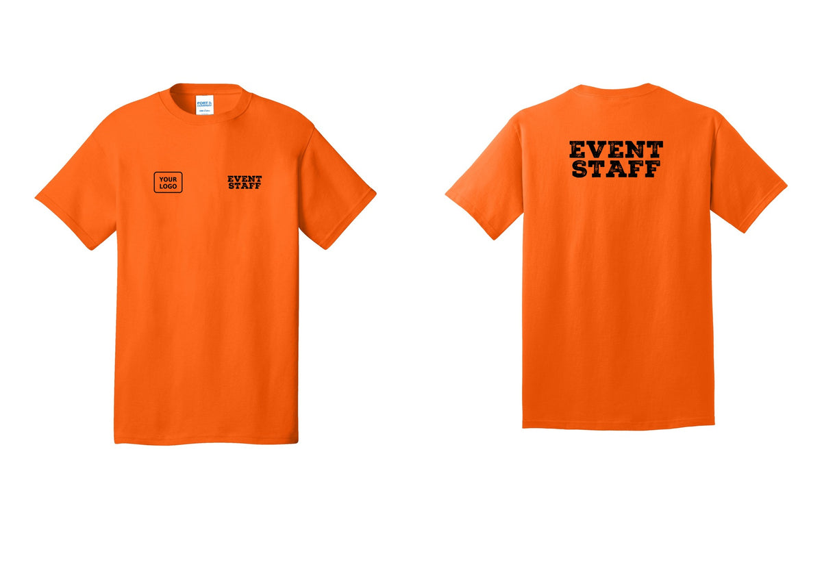 NYC Factory Custom Logo Event Staff T-Shirt - EVENT STAFF + Your Logo + Back - Safety Orange