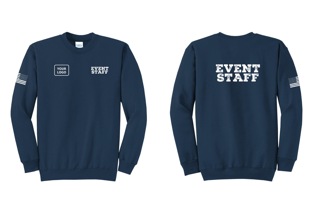 NYC Factory Custom Logo Event Staff Cotton Fleece Crewneck Sweatshirt (Rustic) - EVENT STAFF + Your Logo + Back + US Flag Sleeve - Navy