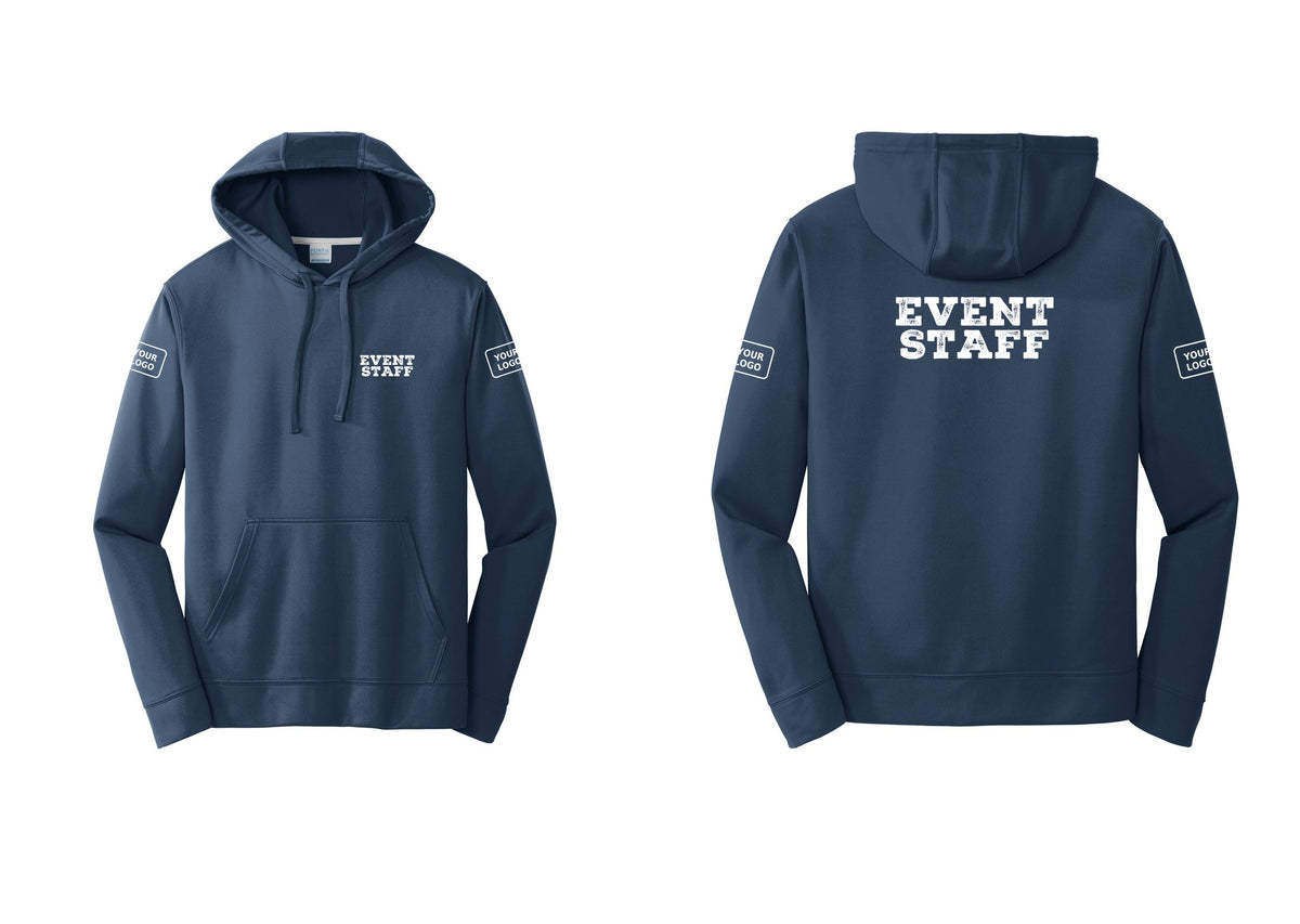 NYC Factory Custom Logo Event Staff Performance Hooded Fleece Pullover Sweatshirt (Rustic) - Chest + Back + Your Logo Sleeves - Navy