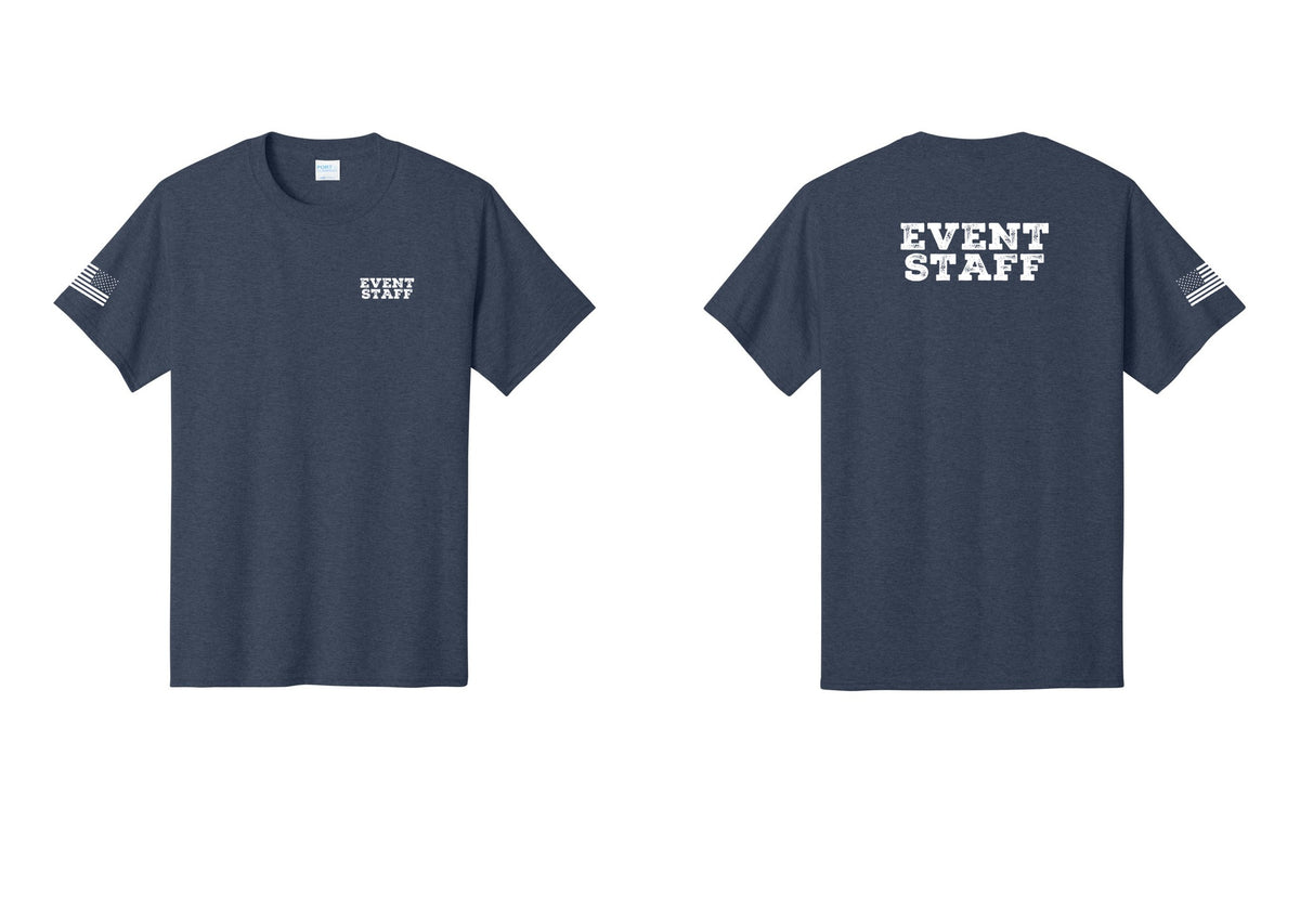 NYC Factory Event Staff T-Shirt - Chest + Back + US Flag Sleeve - Heather Navy
