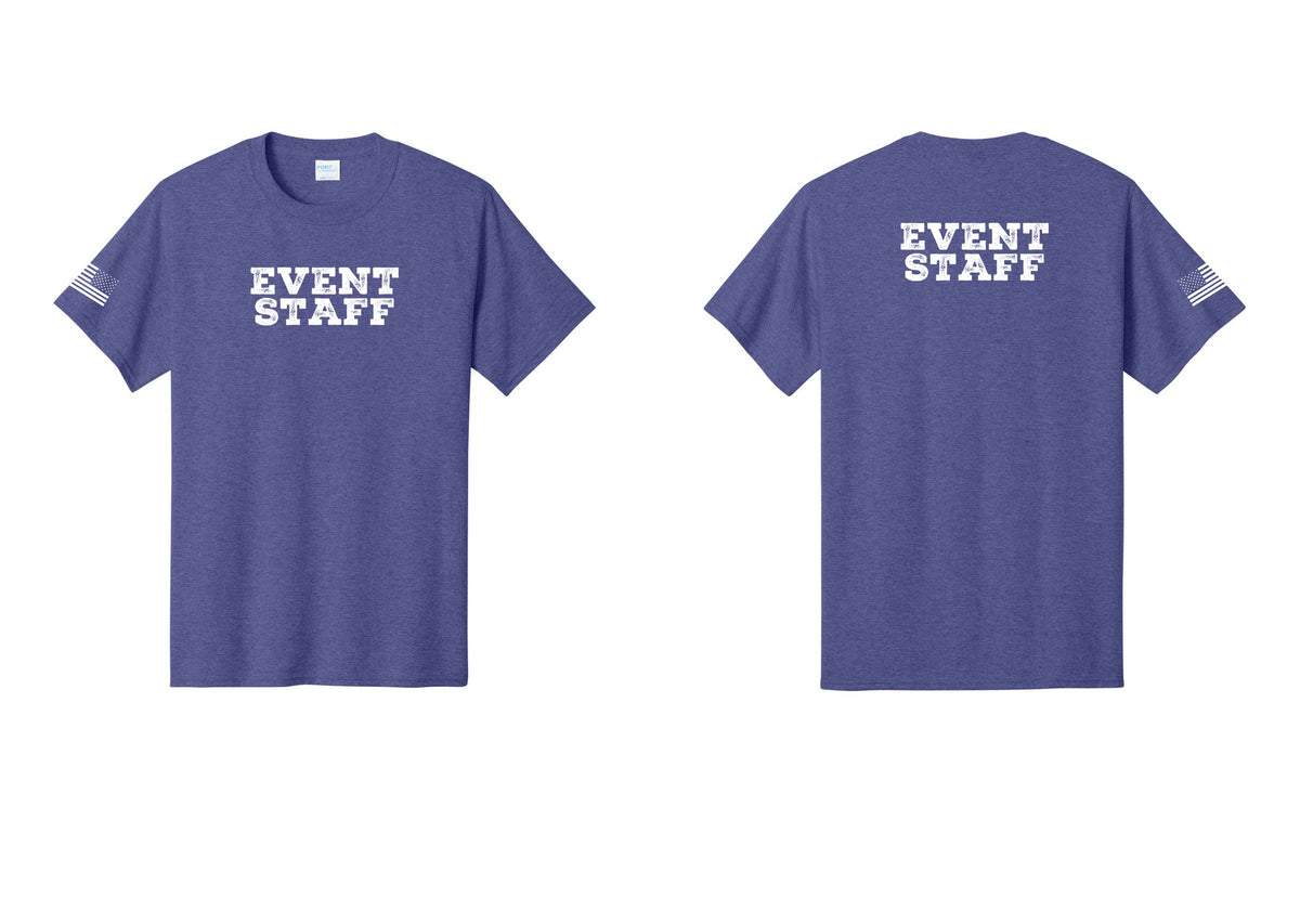 NYC Factory Event Staff T-Shirt - Front + Back + US Flag Sleeve - Heather Purple