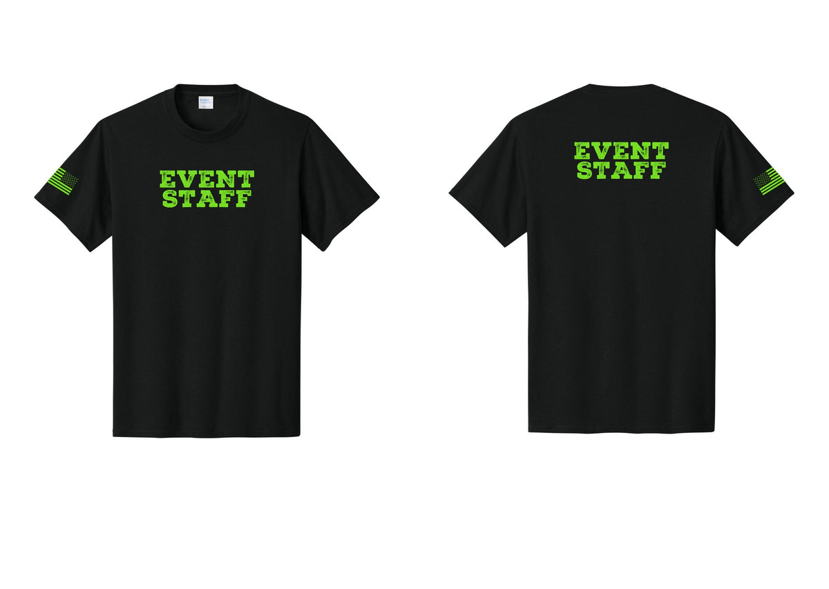 NYC Factory Event Staff T-Shirt - Front + Back + US Flag Sleeve - Black / Neon