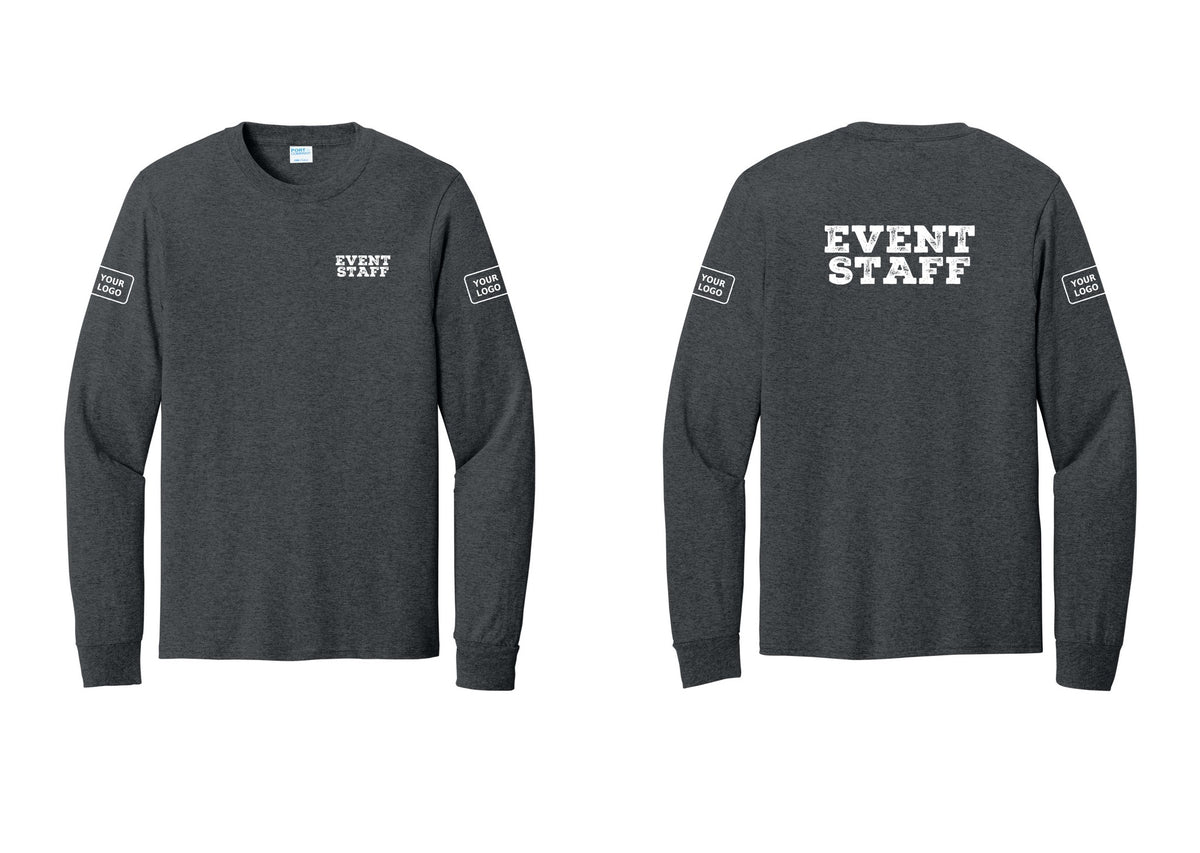 NYC Factory Custom Logo Event Staff Cotton Long Sleeve T-Shirt (Rustic) - Chest + Back + Your Logo Sleeves - Dark Heather Grey