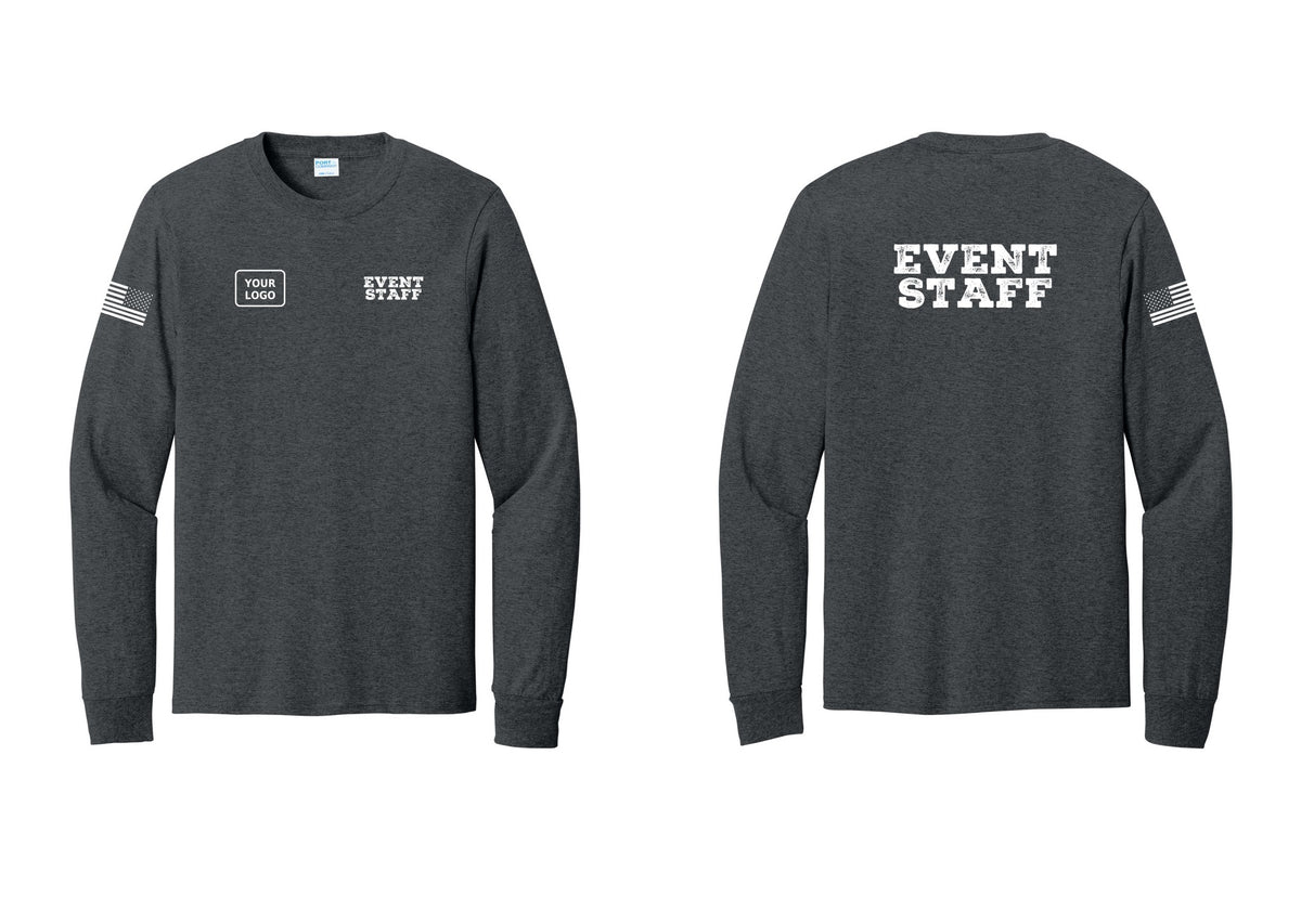 NYC Factory Custom Logo Event Staff Cotton Long Sleeve T-Shirt (Rustic) - EVENT STAFF + Your Logo + Back + US Flag Sleeve - Dark Heather Grey