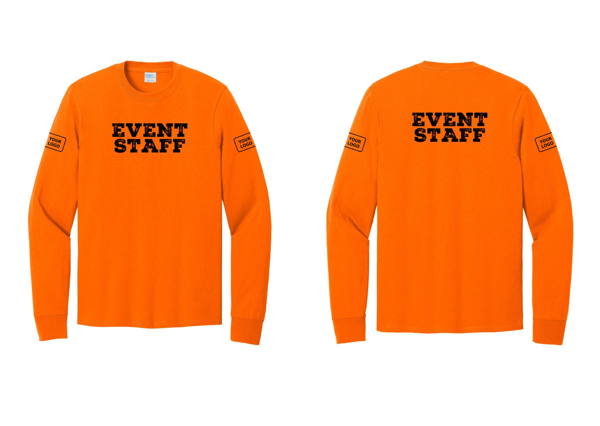 NYC Factory Custom Logo Event Staff Cotton Long Sleeve T-Shirt (Rustic) - Front + Back + Your Logo Sleeves - Safety Orange