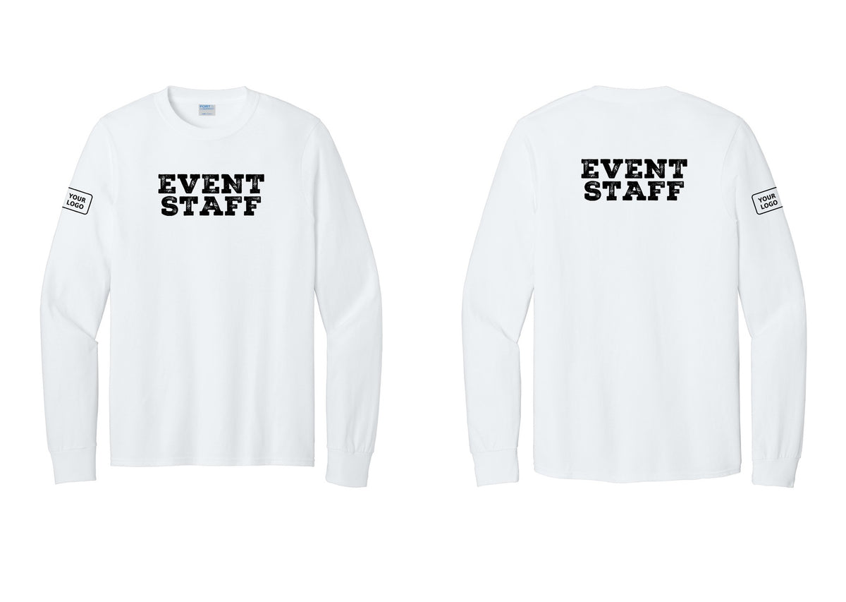 NYC Factory Custom Logo Event Staff Cotton Long Sleeve T-Shirt (Rustic) - Front + Back + Your Logo Sleeve - White