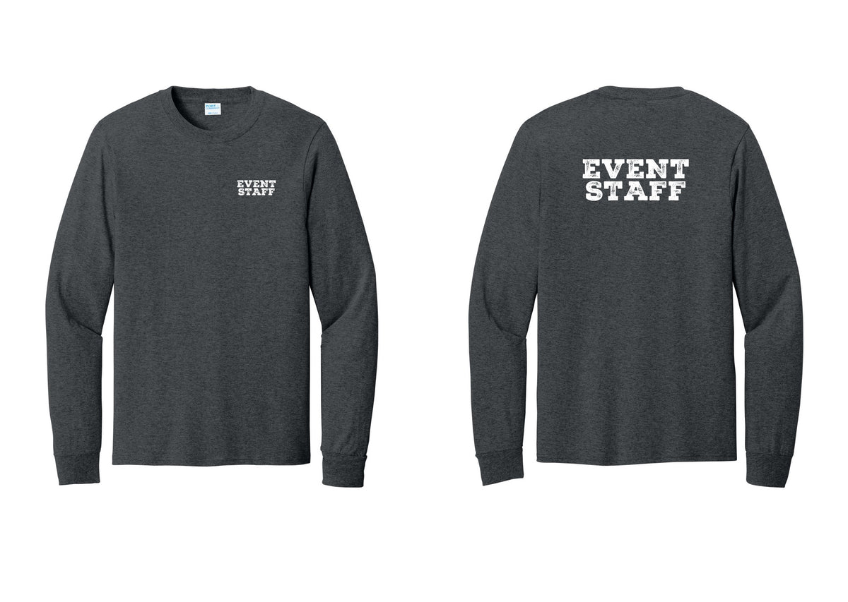 NYC Factory Event Staff Cotton Long Sleeve T-Shirt (Rustic) - Chest + Back - Dark Heather Grey