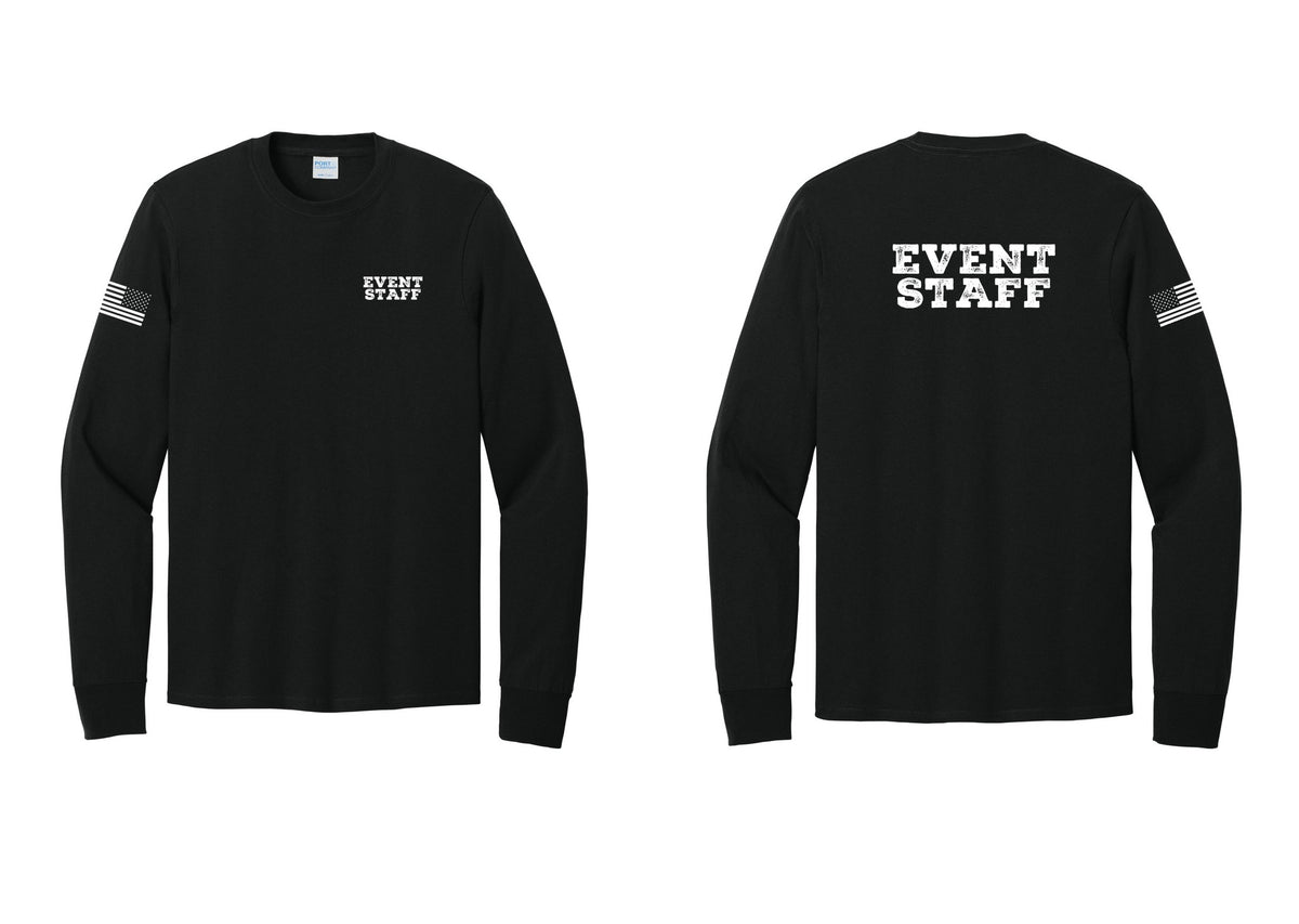 NYC Factory Event Staff Cotton Long Sleeve T-Shirt (Rustic) - Chest + Back + US Flag Sleeve - Black