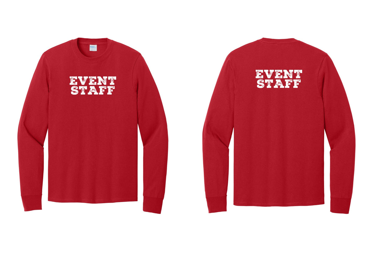 NYC Factory Event Staff Cotton Long Sleeve T-Shirt (Rustic) - Front + Back - Red